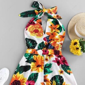 Zaful Floral Halter Romper Tropical Print Backless Summer Size S